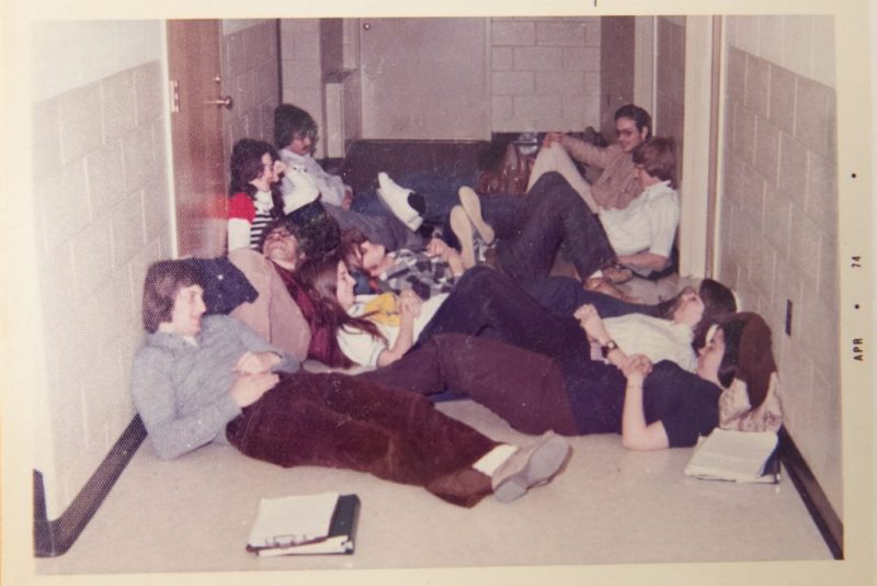 Students lay in the hall of McBryde in 1974